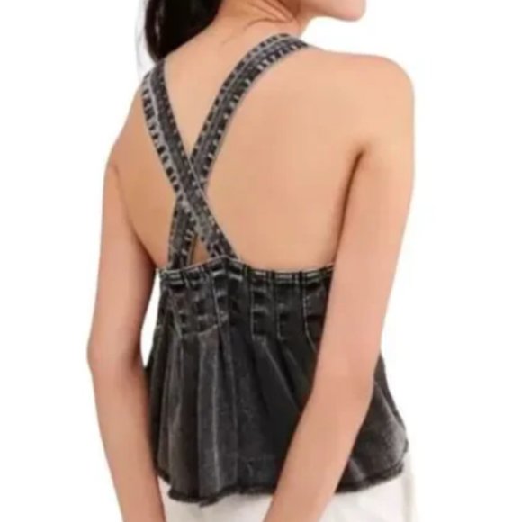 Free People Marina Crop Swing Tank with Adjustable Straps Black Denim SMALL NWT - Picture 2 of 5